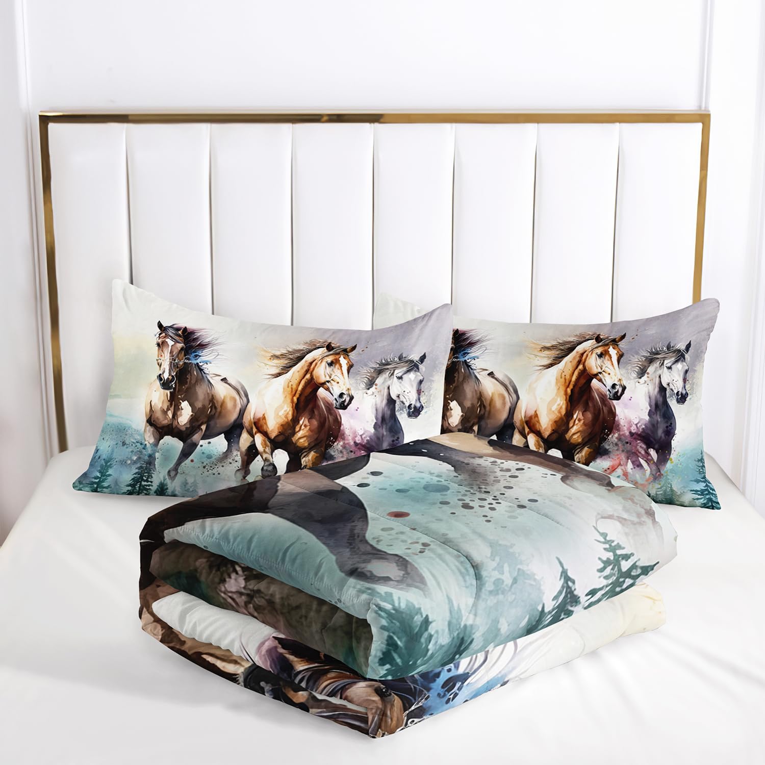 10-Horse Duvet Cover For Kids Teen Adult, Cool Watercolor Horse Racing Comforter Cover Set 2