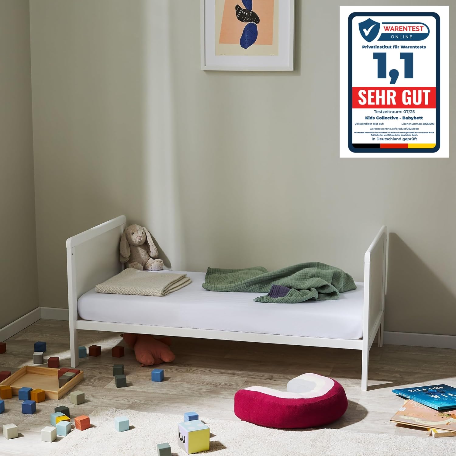 Kids Collective Lettino trasformabile in lettino per bambini 60x120 con materasso, rete a doghe e protezione anticaduta in legno massiccio 120 x 60 | bianco, molto stabile Prodotto in Europa