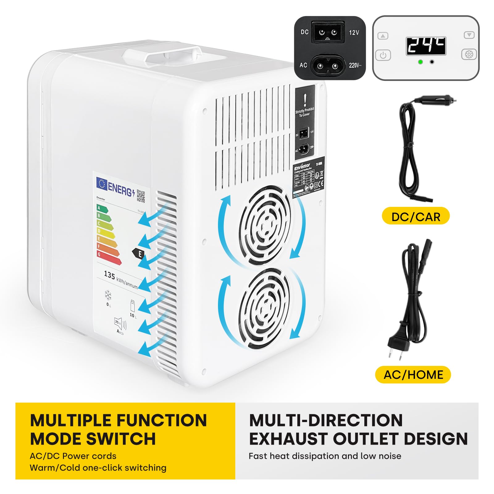 Enventor Mini Lodówka 10L, AC + 12 V DC, chłodziarka i podgrzewacz, przenośna mini lodówka z wyświetlaczem temperatury LCD do samochodu, podróży, pielęgnacji skóry, napojów, żywności (biała)
