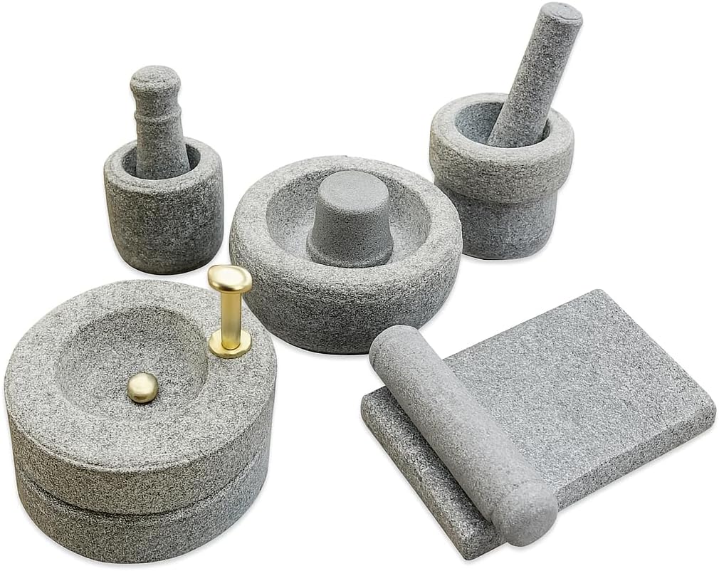 EZAHK Stone Miniature Kitchen Set for Kids, Pooja and Grahapravesam, Traditional Home, Grinding Stone, Kitchen Playsets (Small Size), (Set of 5) Grey