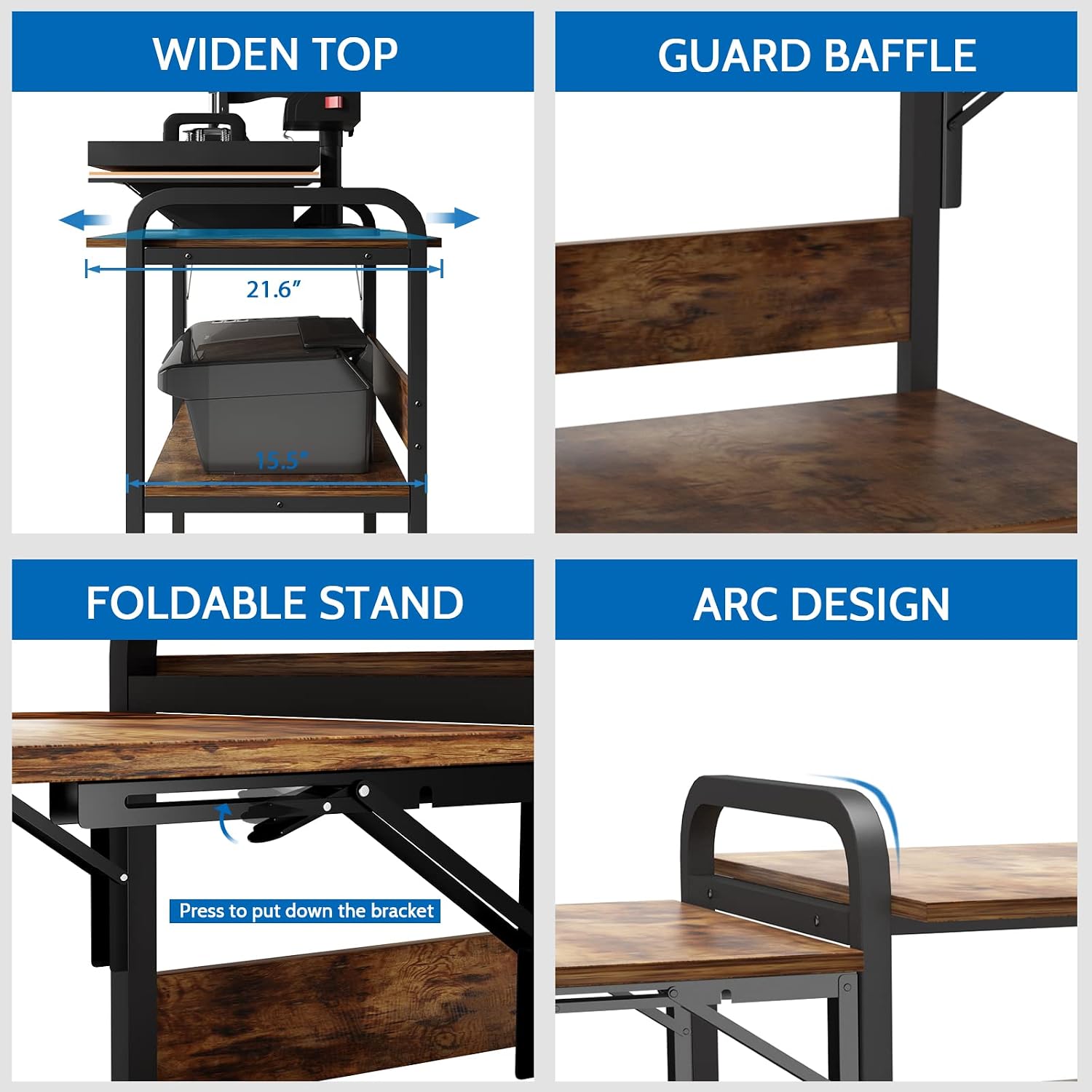 PUNCIA 3 Tier Movable Heat Press Table Foldable Heat Transfer Machine Stand Heavy Duty Rolling Workbench with Folding Table for DIY Sublimation Transfer Machine Metal Shelf Storage Organization