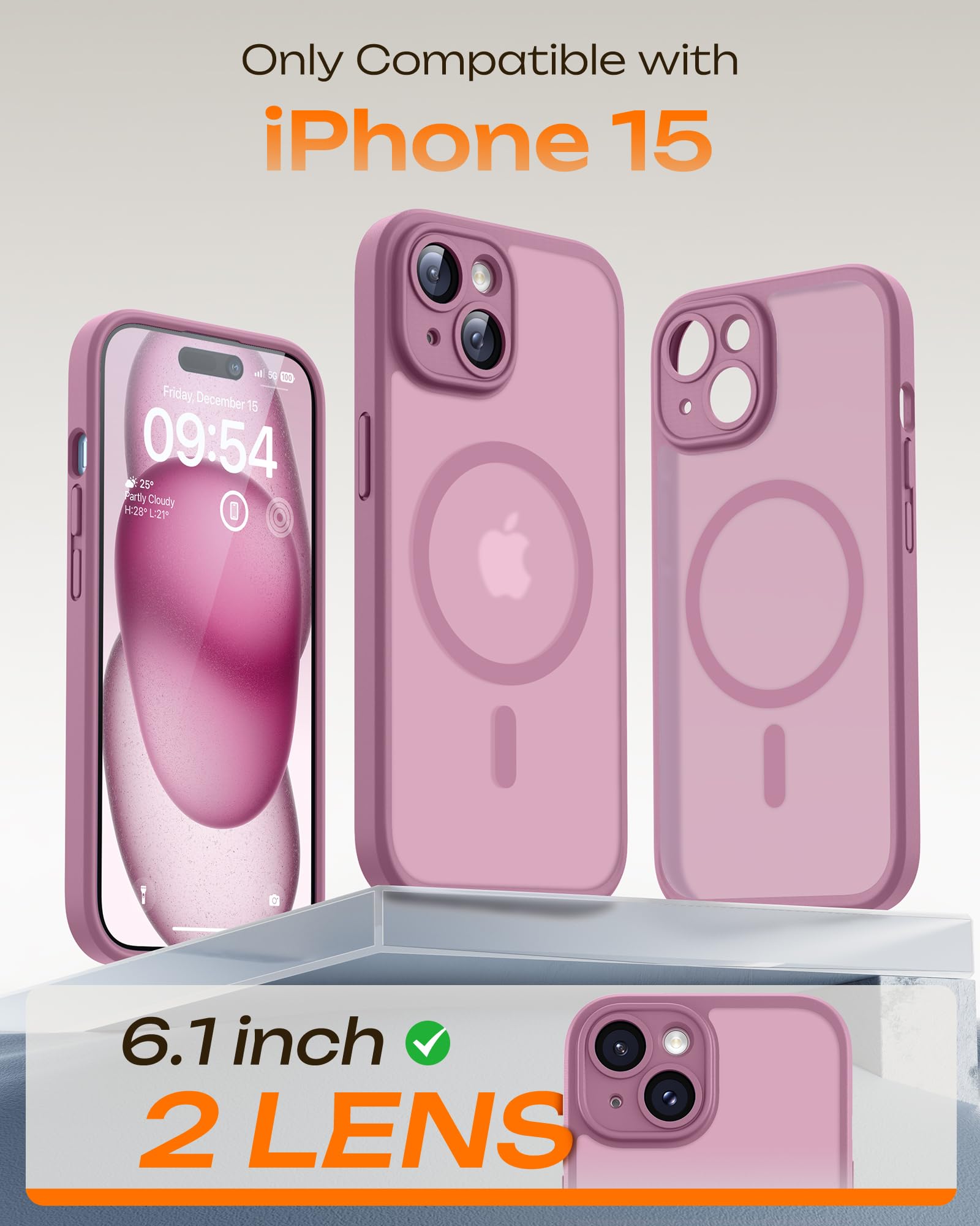 TOCOL Cover Magnetica per iPhone 15 6,1 Pollic, Compatibile con MagSafe, Protezione Fotocamera Integrata, Custodia Antiurto Traslucida Opaca, Lilla Viola