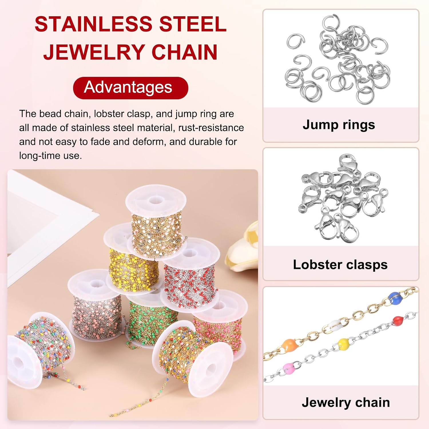 MECCANIXITY Stainless Steel Bead Chain, 16.4 Feet/5M Enamel Beaded Jewelry Link Cable Chains Spool Kit for Jewelry Making, Necklace, Bracelets, DIY Crafts (Silver/Colorful, Pack of 1)