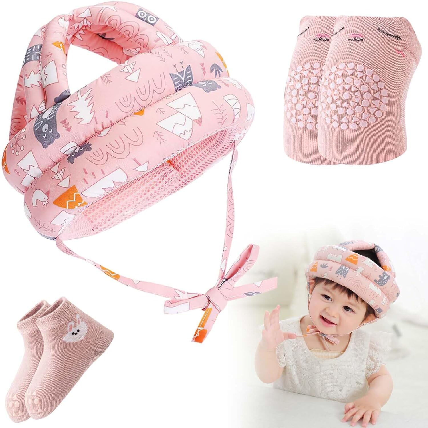 Caschetto Primi Passi per Bambini con Ginocchiere e Calzini Antiscivolo, Casco Neonato Regolabile, Rosa