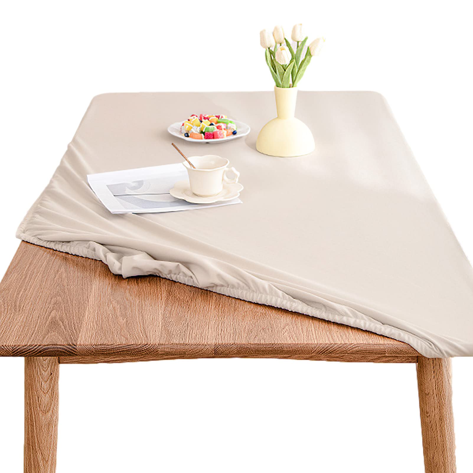 rismart Elastico Tovaglie Pelle di Pu Rettangolare Impermeabile Prova di Olio Copertura Tovaglia Beige,80_x_140 cm