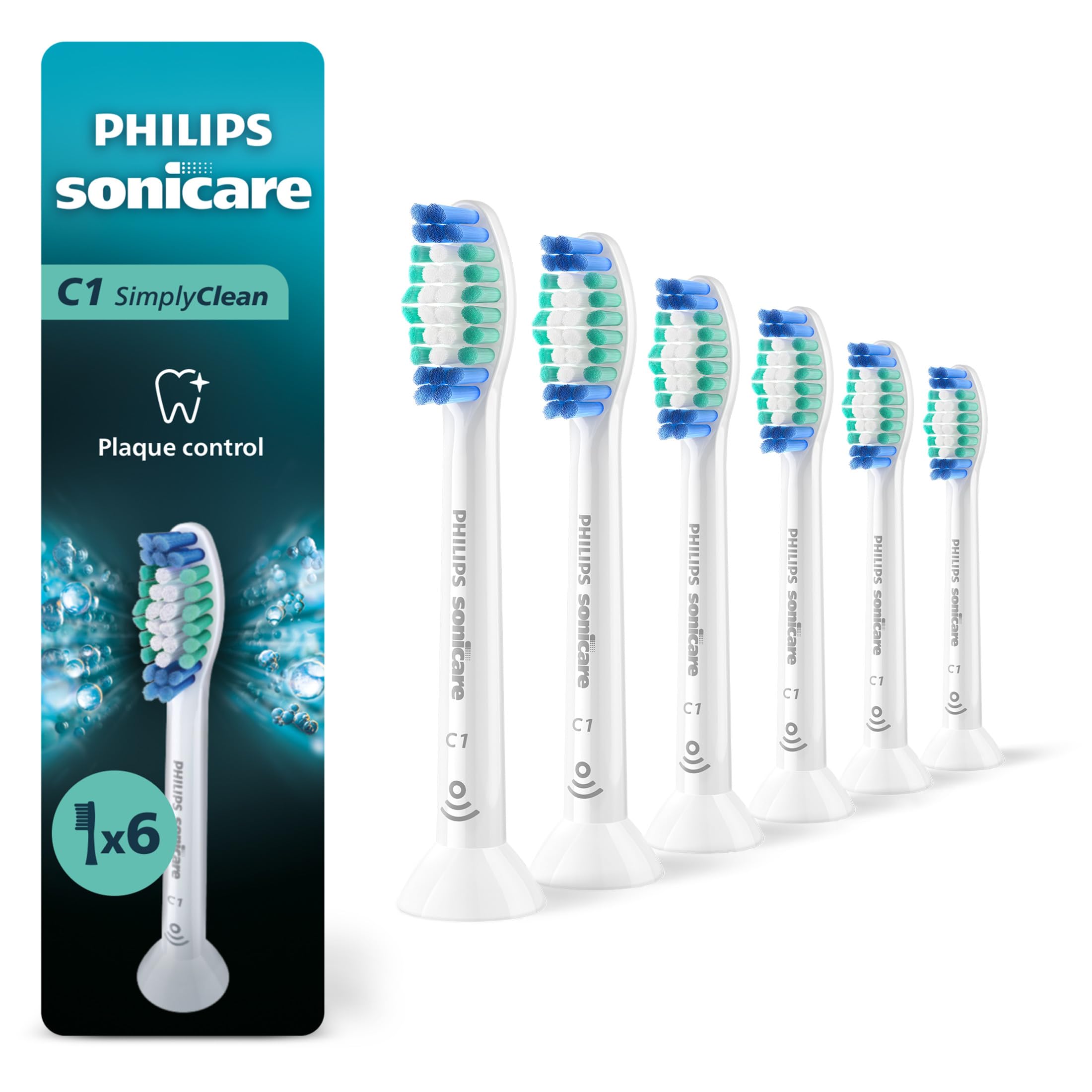 Philips Sonicare C1 - Testine per spazzolino SimplyClean, confezione da 6, fornitura 18 mesi, colore: bianco | 200% in più di rimozione della placca¹, promemoria BrushSync, fino a 62.000 movimenti di setole al minuto, HX6016/77
