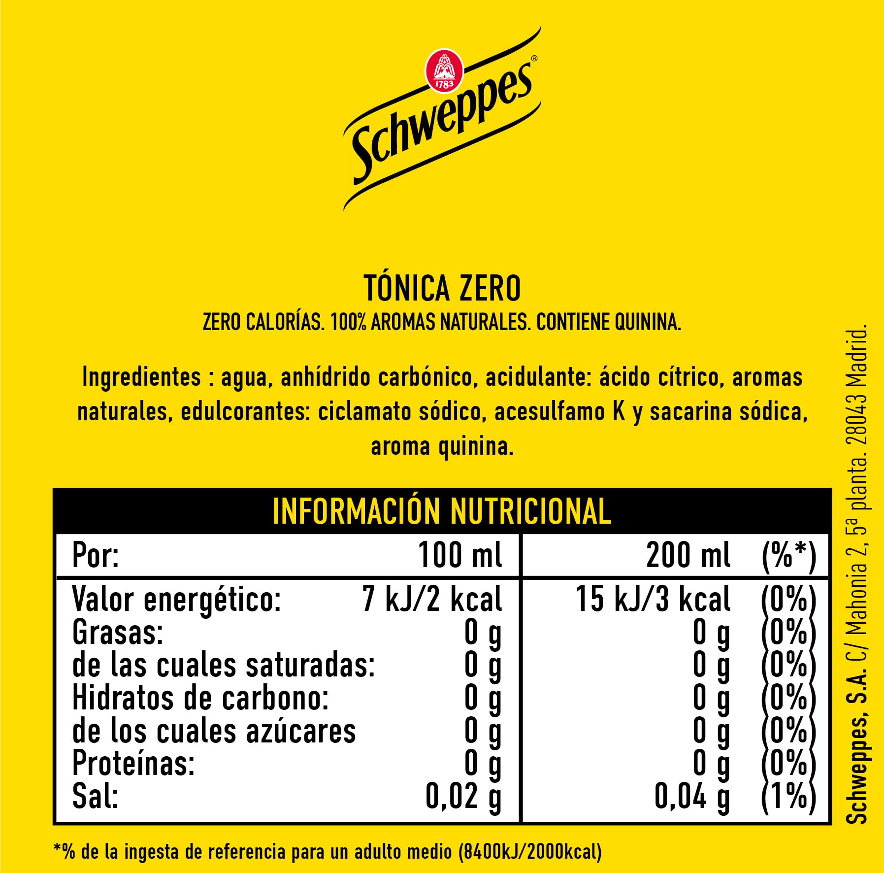 Schweppes Tónica Zero, Bebida Refrescante Sin Azúcar ni Calorías - Lata, Pack 24 x 33 cl