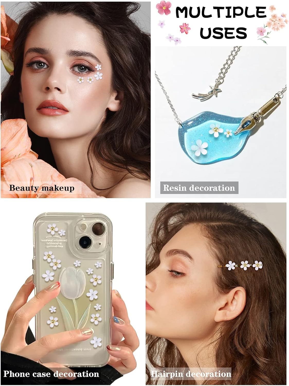 TOROKOM 3D Flower Nail Art Charms, White Acrylic Flower Rhinestones Metal Caviar Beads Nail Supplies Decorations for Women Girls Nail DIY