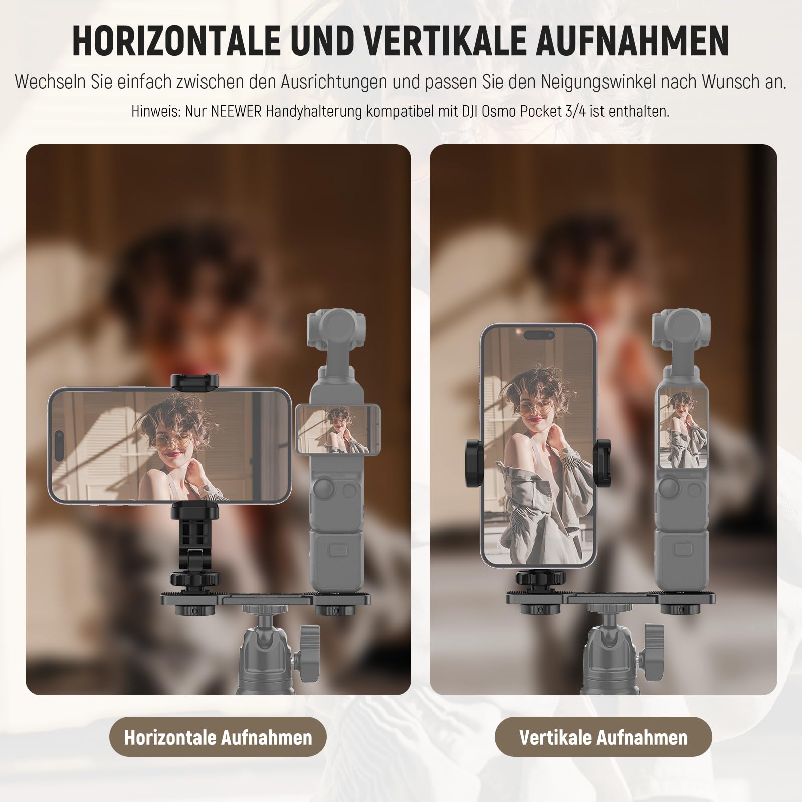 NEEWER Smartphone Halterung kompatibel mit DJI Osmo Pocket 4 & Pocket 3, Professionelle Handyhalterung mit 1/4" Gewinde & Kaltblitzschuh für Stativ, Verlängerungsstange, Videolicht, Mikrofon, AC021