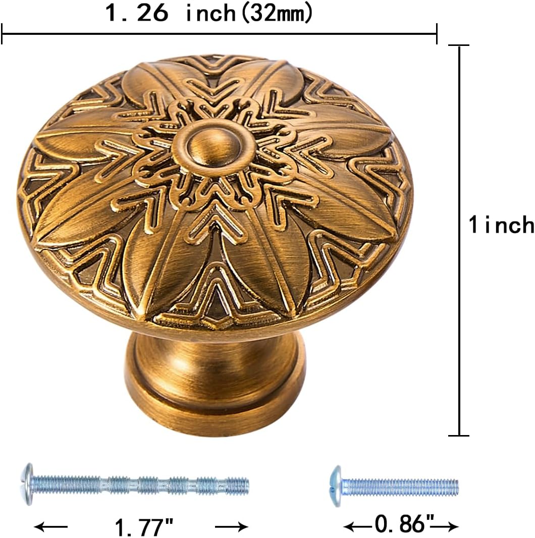 Round Drawer Pulls Knobs - 20 Pack / 1.25 Inch(32mm), Brass Drawer Knobs, Antique Cabinet Knobs for Bathroom Cabinet Knobs, Farmhouse Drawer Pulls, Kitchen Door Knobs,Closets KNobs
