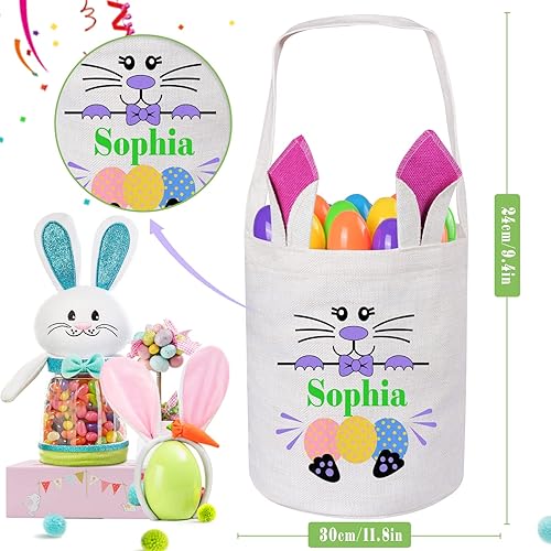 Miniatura 2 de Personalized Easter Baskets for Kids, Custom Easter Basket, Bunny Ear Easter Basket with Handles, Easter Egg Basket
