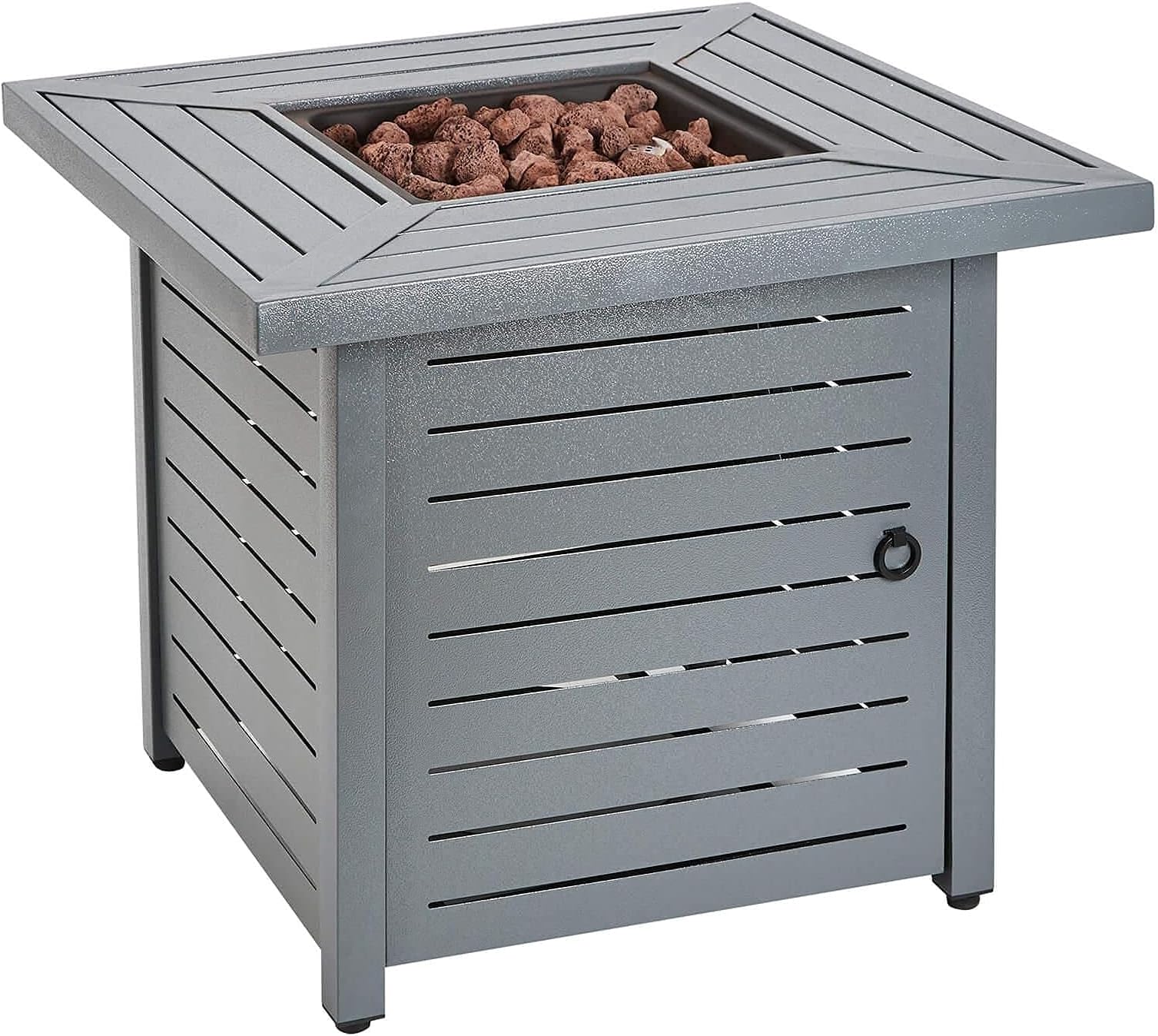 Fire Mountain Garden Fire Pit - Square, Outdoor, Gas Fire Pit Table, Regulator & Protective Cover Included, 76cm, Contemporary Grey Slatted Design, 13kW