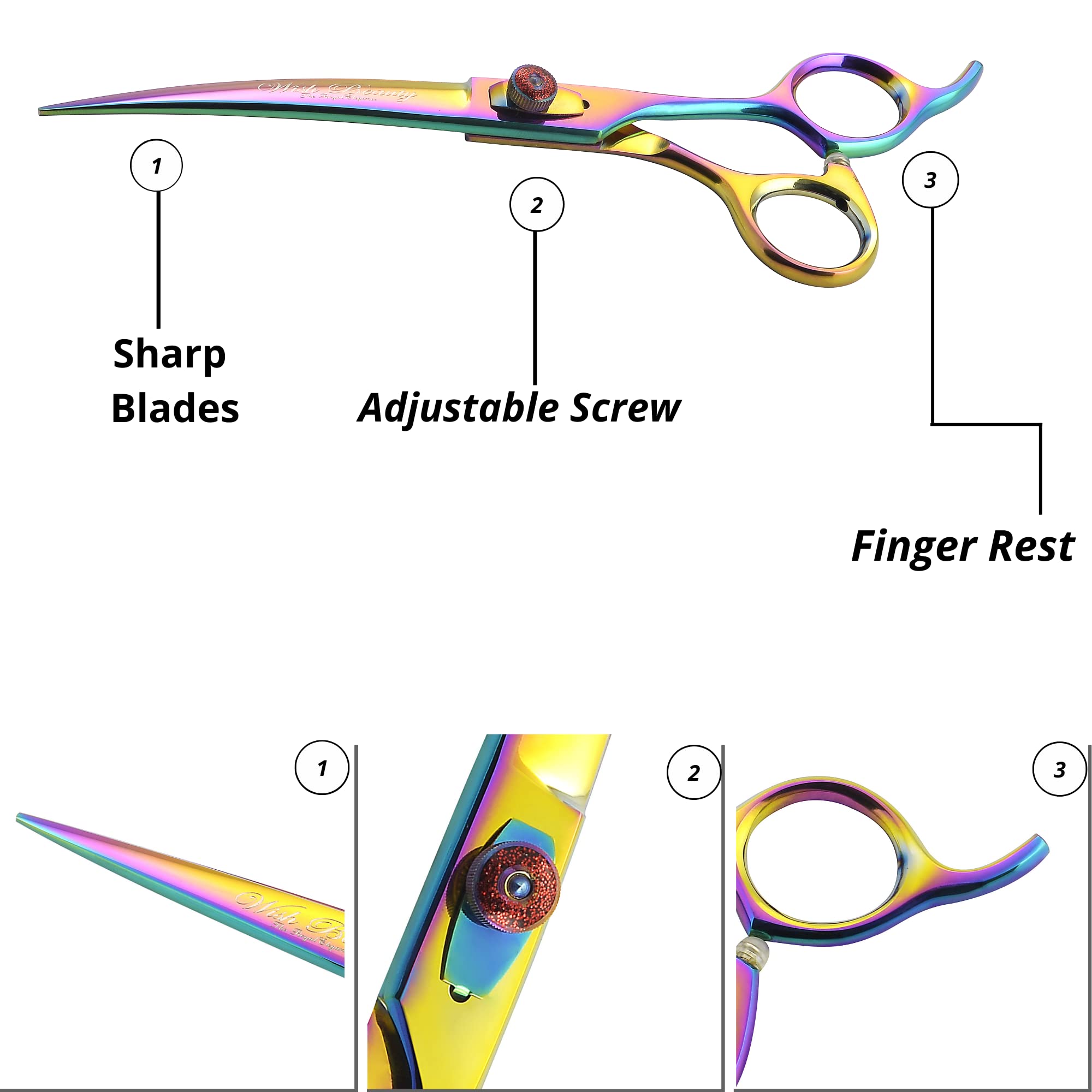 Wishbeauty 7.5-Inch Professional Pet Grooming Scissors - 440C Japanese Steel Shears (Rainbow, Curved) - Image 2