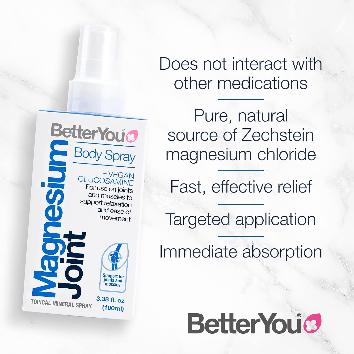 BetterYou Magnesium Joint Body Spray - Helps You Stay Flexible - Cooling Effect of Menthol and Eucalyptus Oil - Supports Muscle Function - Effective Magnesium Absorption for Strong Bones - 3.38 oz
