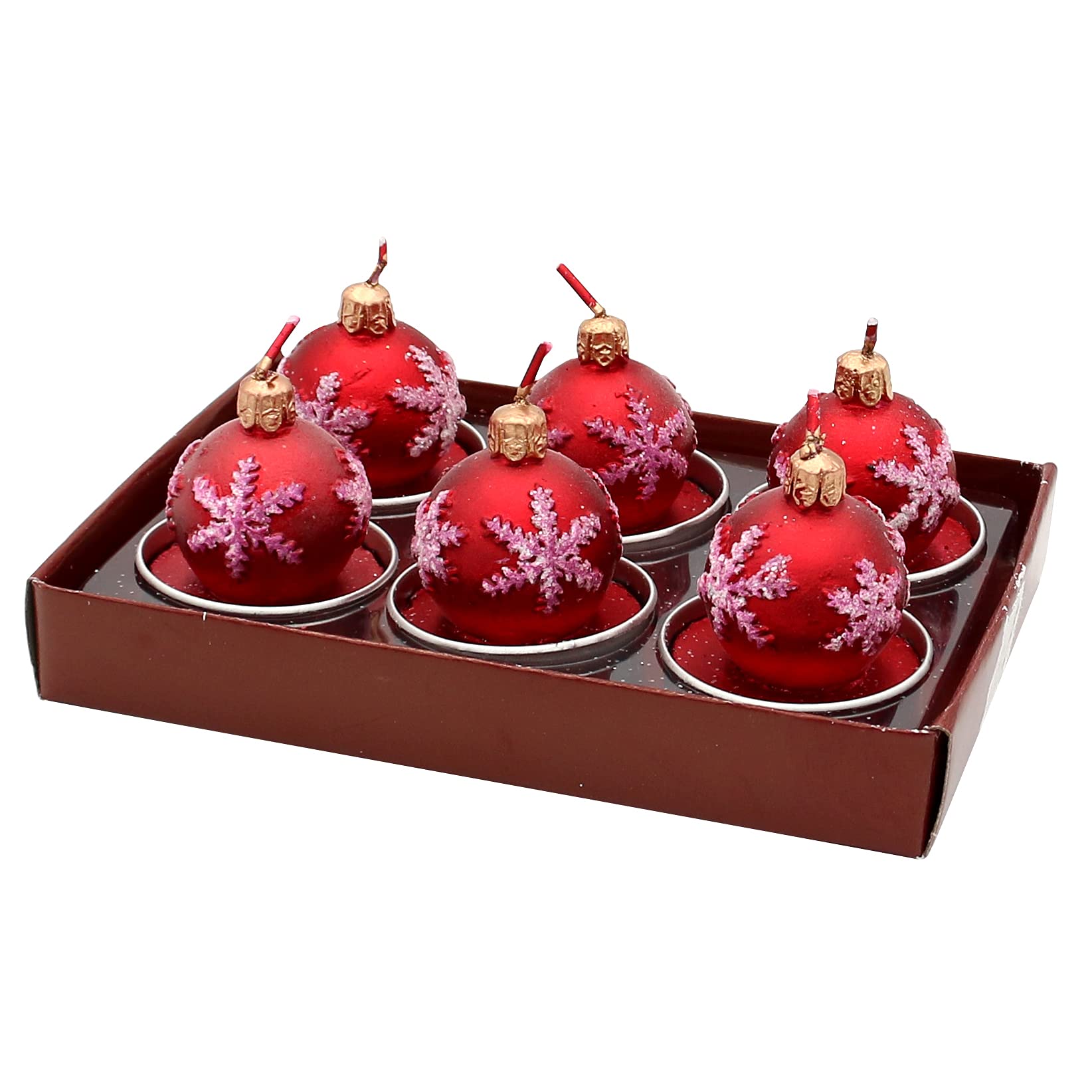 Dekohelden24 6-częściowy zestaw świeczek typu tealight bombki choinkowe w kolorze czerwonym, wymiary każdej świeczki typu tealight dł./szer./wys.: 4 x 4 x 5 cm.