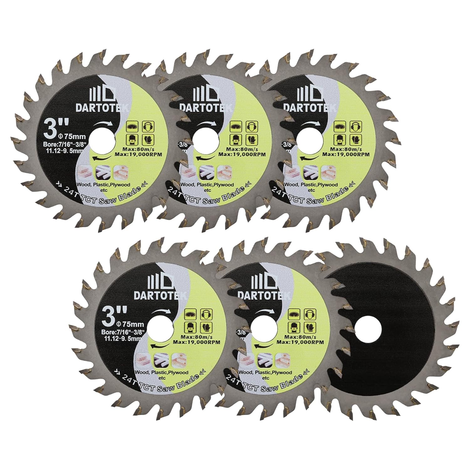 3-Inch/75MM Carbide Wood Cutting Disc,DARTOTEK 24T TCT Circular Saw Blade with 11.12mm/9.5mm, General Purpose for Cutting Wood,Plastic,Plywood,Chipboard,Multilayer on Mini Angle Grinder (7 of Pack)