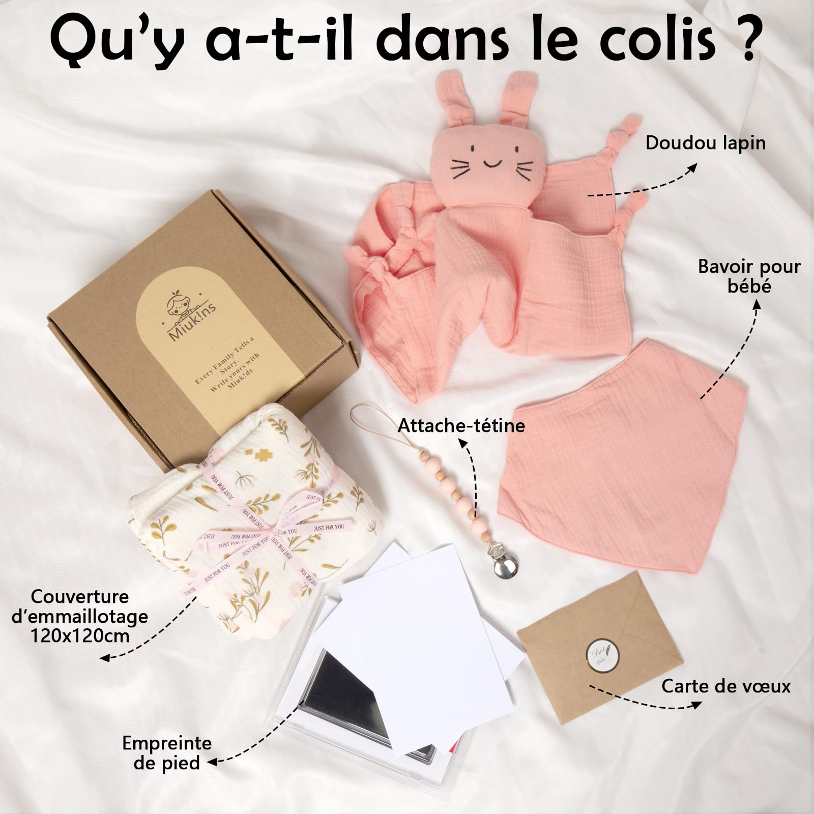Coffret cadeau bébé 6 en 1 couverture mousseline doudou bavoir chaîne tétine pied carte cadeau Rose