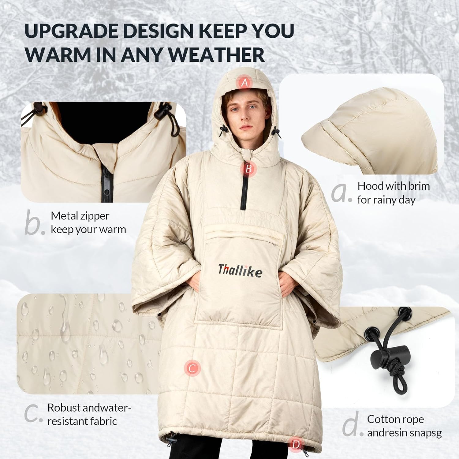 Camping Blanket with Zipper Pocket, 85'' x 61'' Large Wearable Hooded Blanket, Ultralight Warm Sleeping Bag, Windproof Camping Poncho for Outdoor Stadium Sports Gaming Hiking Picnic Concerts