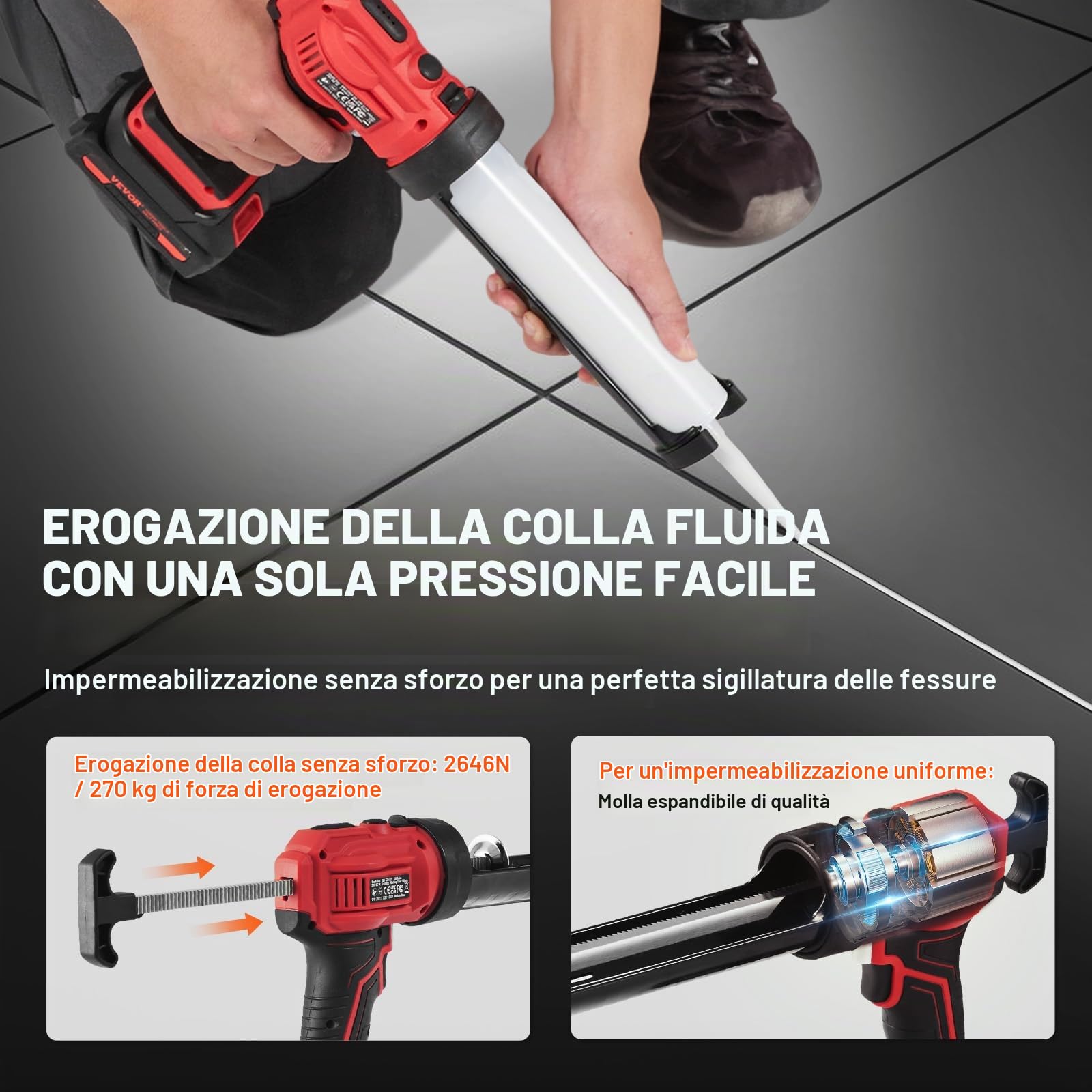 VEVOR Pistola Elettrica Senza Fili per Cartucce Pistola per Sigillante 300 ml 20 V, Pistola per Calafataggio Caricatore Rapido Antigoccia 4 Velocità Regolabili per Calafataggio Riempimento Sigillatura
