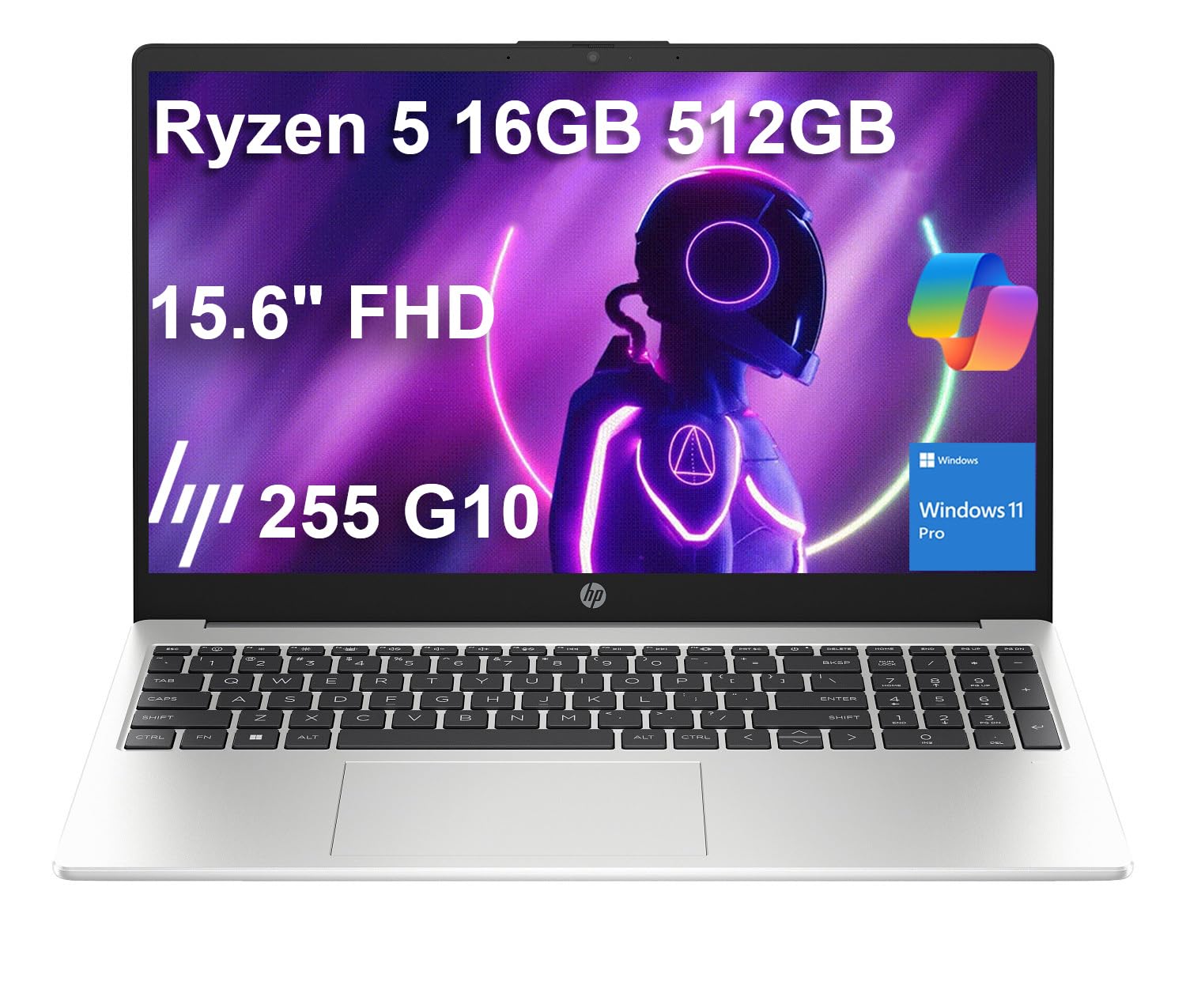 HP 255 G10 Business Laptop (15.6" FHD IPS Anti-glare, AMD Ryzen 5 7530U (> Intel i7-1165G7) 16GB RAM, 512GB SSD) for Home, Student, Webcam, Numeric Keypad, HDMI, Wi-Fi, Bluetooth, Win 11 Pro w/Copilot