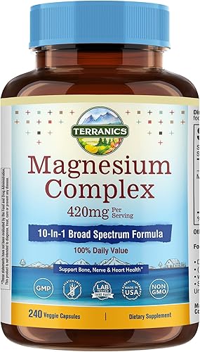 Terranics Suplemento complejo de magnesio 420 mg, fórmula de espectro completo 10 en 1, glicinato, citrato, malato y más, absorción máxima, apoyo