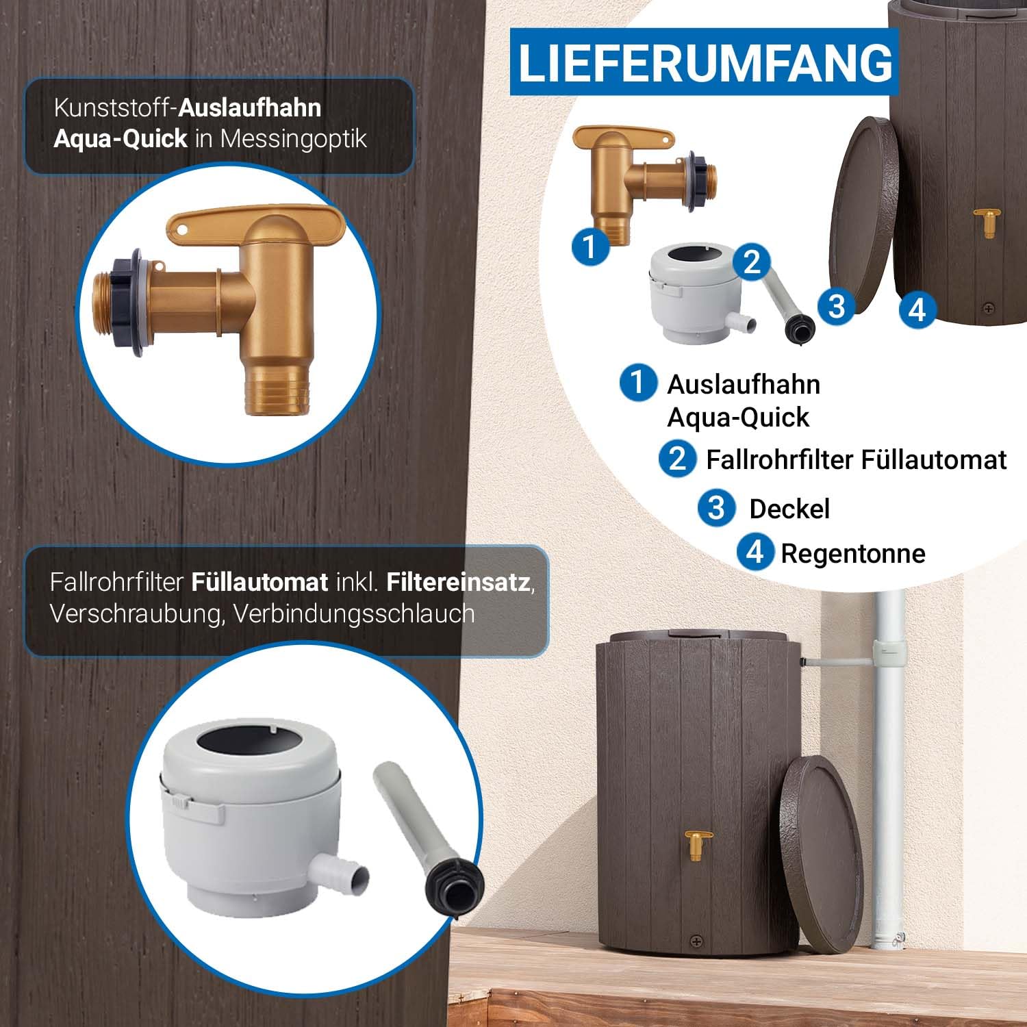 4rain Madera Regentonne Komplett-Set 220 Liter braun | inkl. Kunststoff-Auslaufhahn und Fallrohranschluss in Holzoptik mit sicherem Deckel für nachhaltige Gartenbewässerung daheim