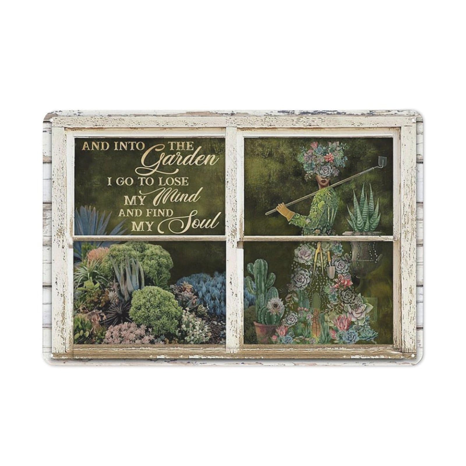 Kisoyo Girls Tin-12 Rustic Metal Tin Sign Window And Into The Garden Succulent Poster, Planting Succulents Poster, Succulents Garden Country Wall Art Home Parlor Garden Courtyard Wall Decor 8X12 Inch