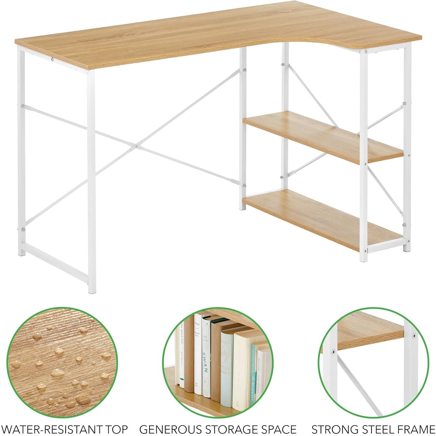 Close-up of mDesign desk features: water-resistant top, storage shelves, and strong steel frame