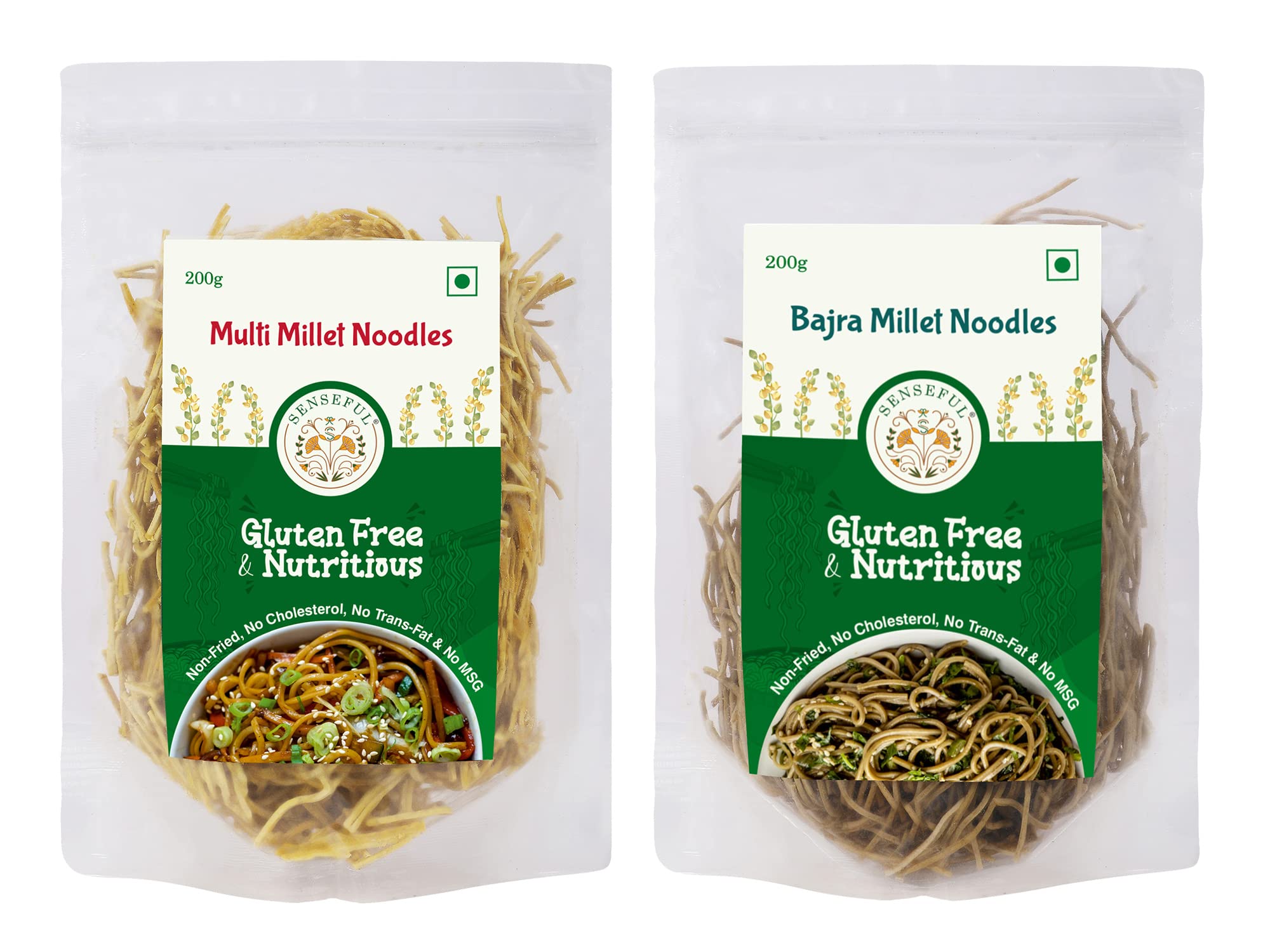 SENSEFUL Multi Millet + Bajra Millet Noodles Combo of 2 - Gluten-Free, High Protein, Zero Maida, Zero Wheat, Non-Fried, Cholesterol Free & Trans-Fat Free - 200 gm each
