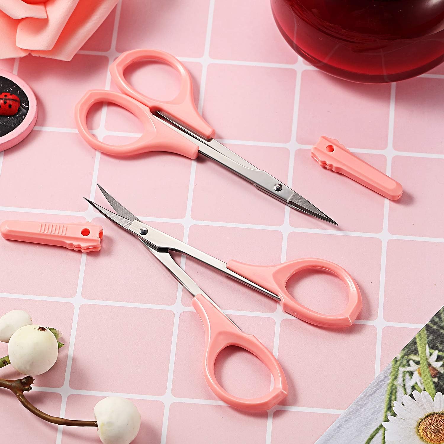 2 Pack Eyebrow Scissors for Women, 4 Inch Curved Eyebrow Beauty Small Stainless Steel Trimming Scissors for Grooming Eyelash Facial Nose Cuticle Hair(Pink)