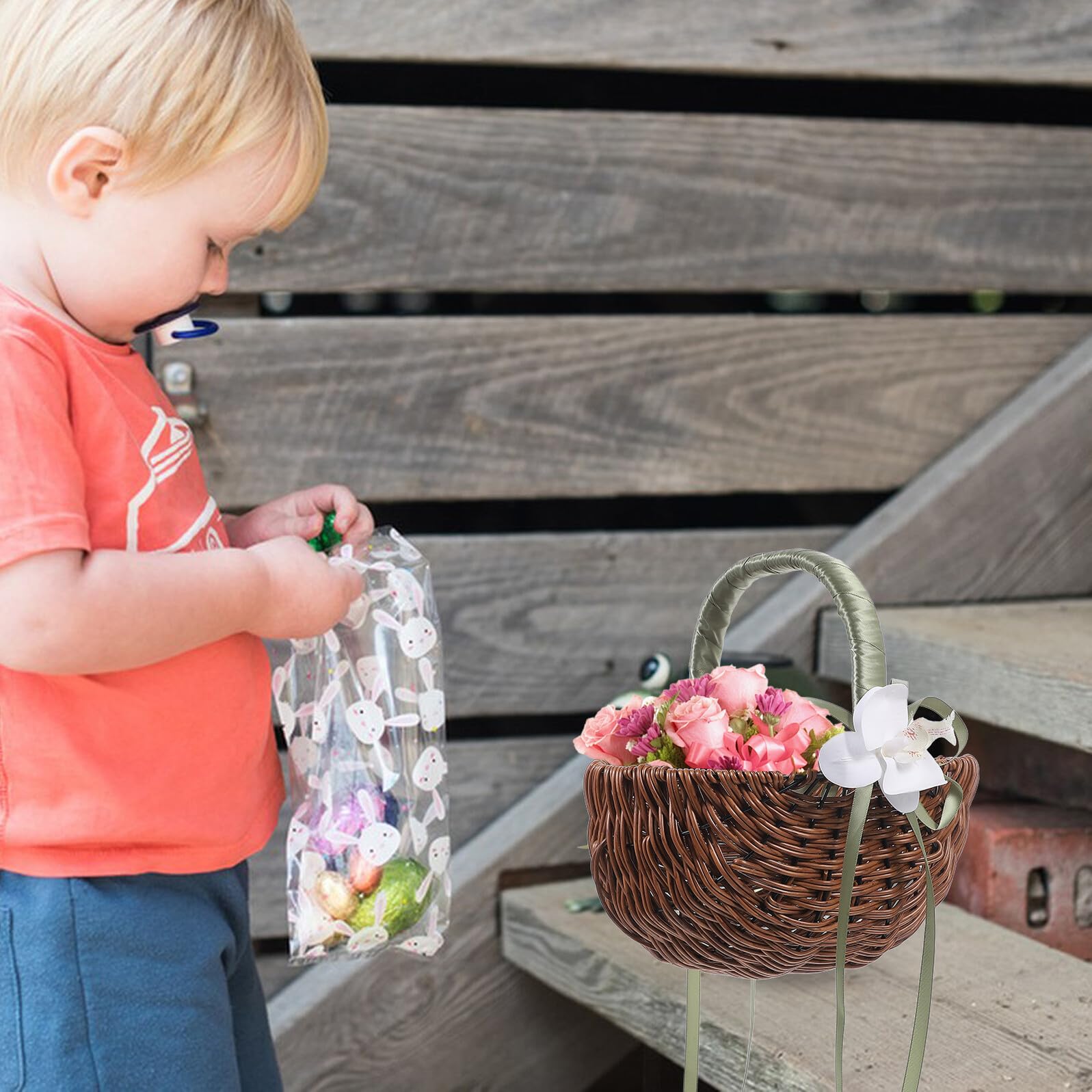 Handgefertigter Hochzeitsblumenkorb aus Kunststoff und Rattan Leicht und Verschleißfest für Blumenmädchen bei Strandhochzeiten oder Events