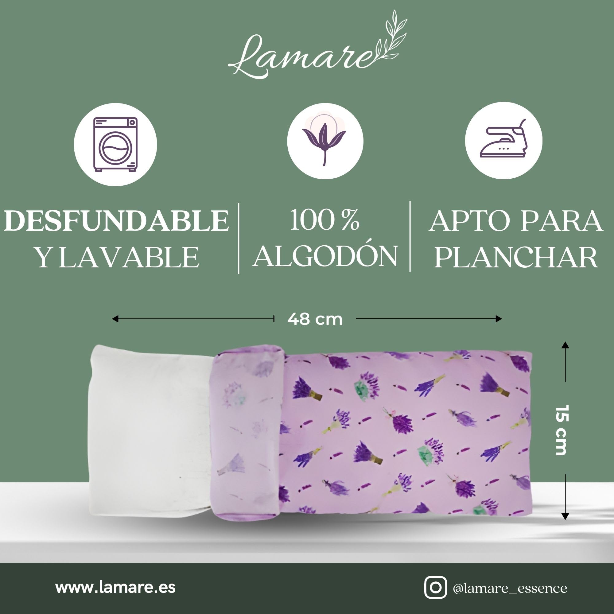 LAMARE Saco Semillas Microondas de Trigo y Lavanda 48 x 15 cm Funda Lavable 100% Algodón - Cojín Térmico Para Cervicales y Terapia Frío y Calor. Saco de Semillas Para Microondas. Lavanda Estampado.