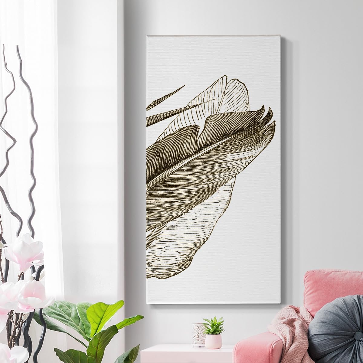 Renditions Gallery Canvas Floral Wall Art Modern Paintings Decorations Vintage Romantic Leaf Abstract Black & White Botanical Wall Hanging Artwork for Office Bedroom Kitchen - 12"x24" LT517