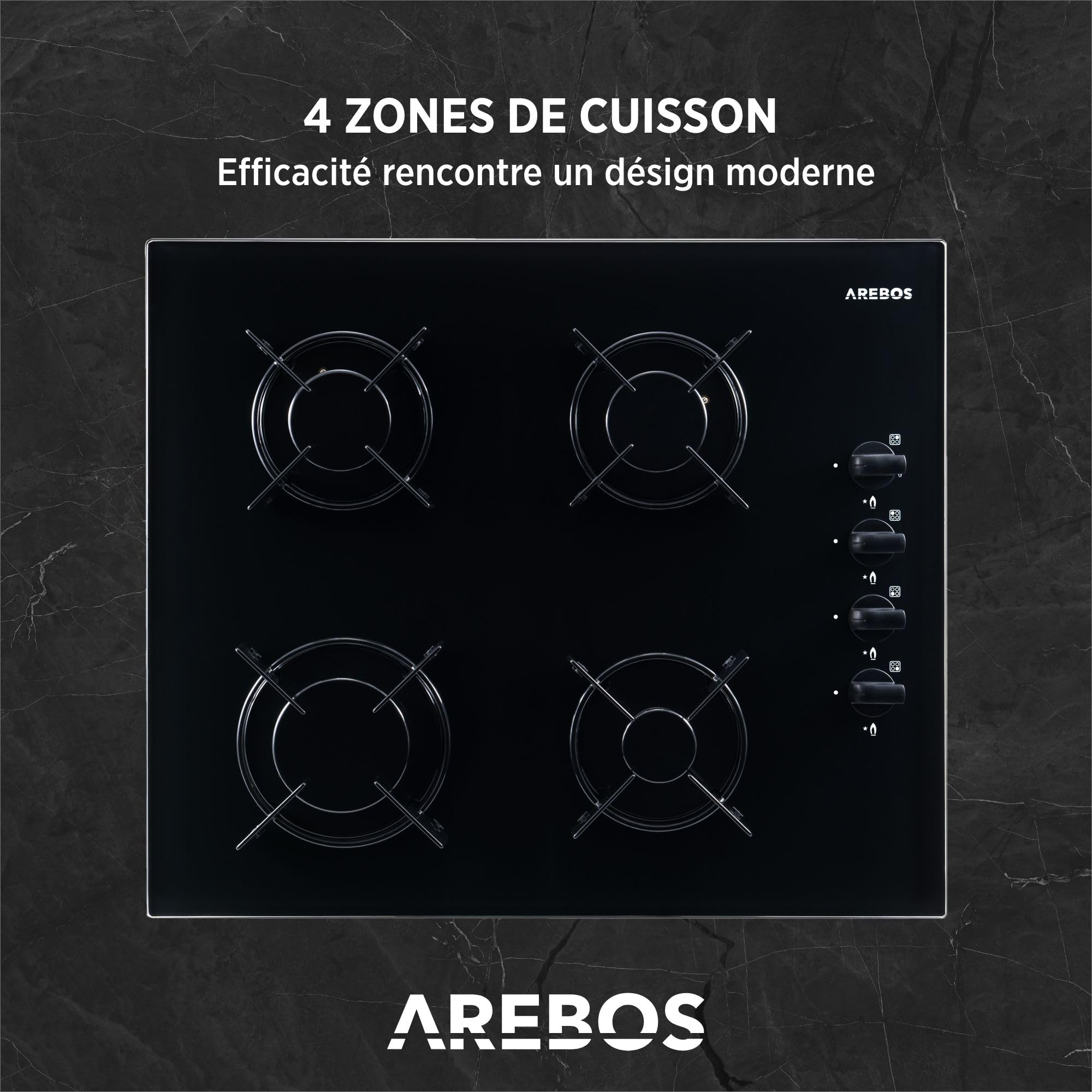 Arebos plaque de cuisson à gaz 60 cm 4 brûleurs | Verre trempé | Encastrable avec supports en fonte | Compatible gaz naturel et propane | Sécurité d’allumage intégrée