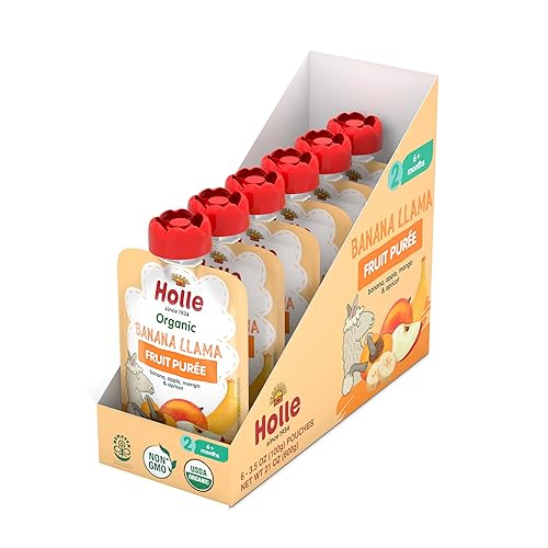 Miniatura 4 de Holle Bolsas orgánicas de comida para bebés, puré de plátano y llama para bebés con plátano, manzana, mango y albaricoque, (paquete de 6) bocadillos