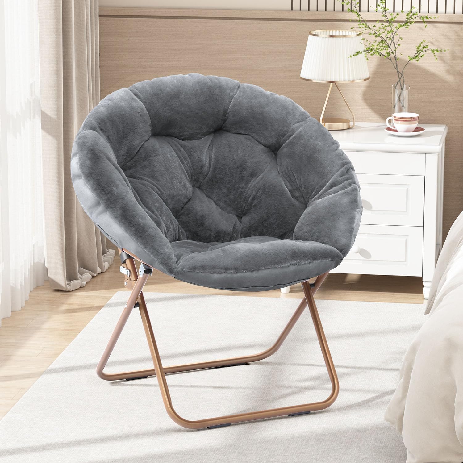 Cozy Saucer Chair, Living Room Chair, Faux Fur Soft Thick Padded Seat, Metal Frame Folding Chair, Comfortable Moon Chair for Living Room, Bedroom, Reading Nook, Modern Style, 2 Pack, Gray