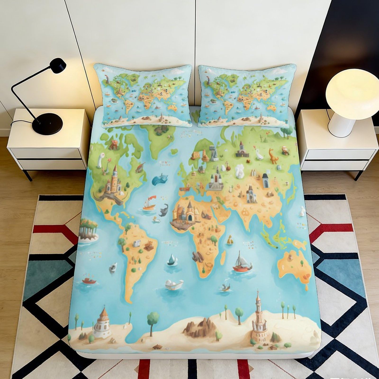 3D Printed World Map Fitted Sheet Microfiber Soft Breathable Landmark Illustration Bed Cover for Bedroom Guest Room Decor 90x200x25cm