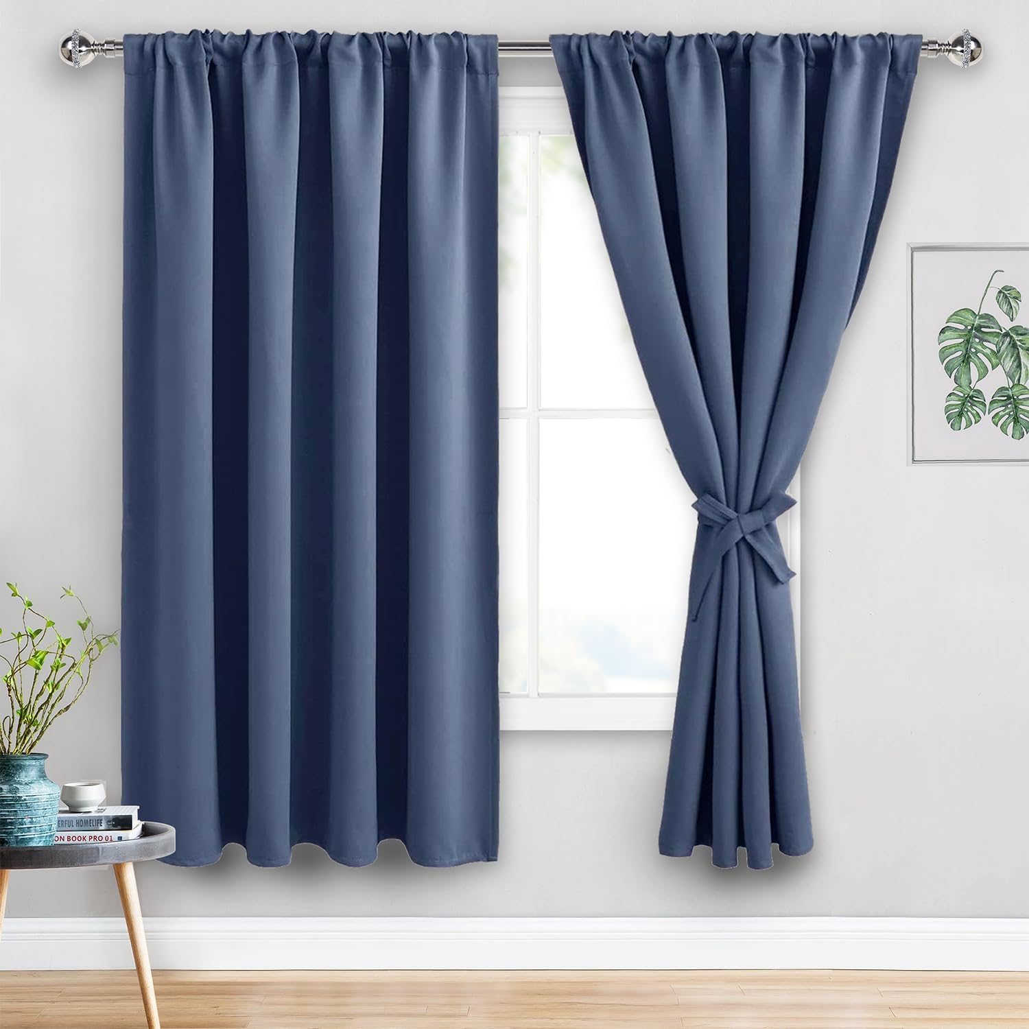 JIUZHEN Blackout Curtains for Bedroom - 60 Inch Wide Thermal Insulated Room Darkening Privacy Soundproof Curtains for Living Room, Set of 2 Panels with Tiebacks, 60 x 63 inches, Dusty Blue