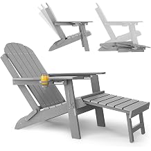 YEFU Folding Adirondack Chair with Footrest Adjustable Adirondack Chairs with Retractable Ottoman - Sturdy HDPE Plastic with Cup Holder - All Weather for Outdoor/Patio/Fire Pit/Outside/PoolGrey