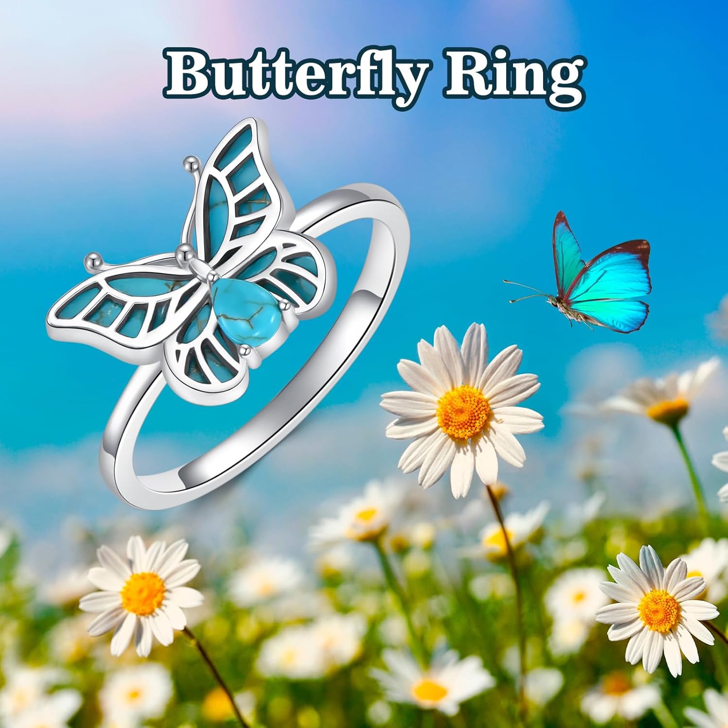 Turquoise Stone Butterfly Ring for Women 925 Sterling Silver Western Ring Genuine Gemston Jewelry Gift for Her Wife Mom