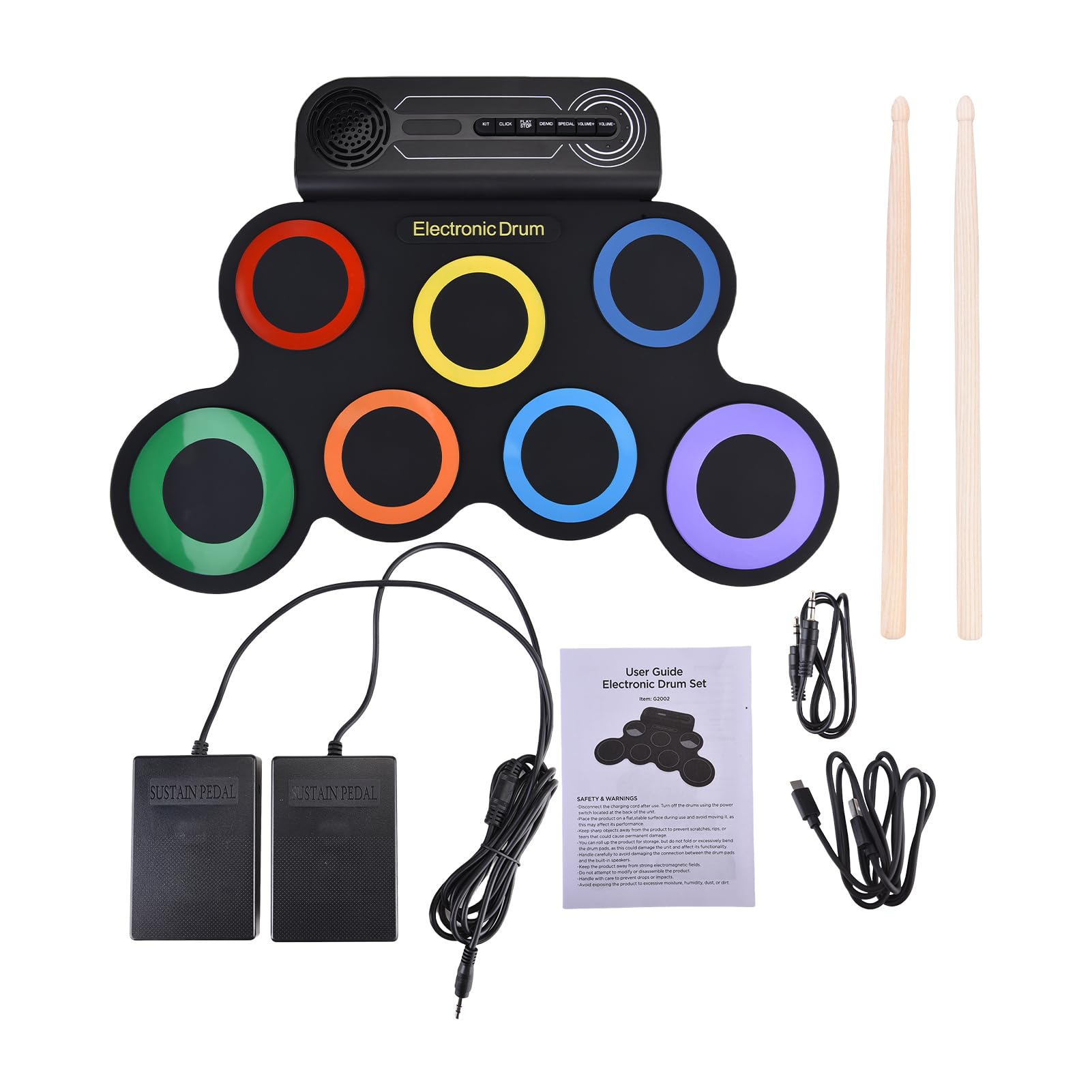 Focket Set di Tamburi Elettrici, Kit di Batteria Elettronico Ricaricabile Ricaricabile con Pedale per Musica Latina Pop Rock, Set di Tamburi Desktop Portatile per Principianti (Colorful)
