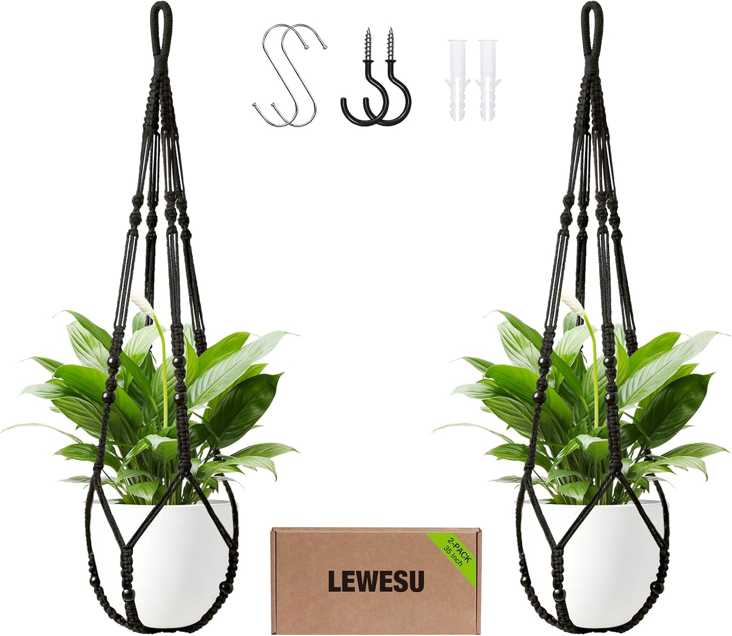 LEWESU Macrame Plant Hanger Indoor Set of 2 with 4 Hooks, Indoor Outdoor Hanging Planter for Plants Holder with Decorative Wood Beads & No Tassels, Boho Home Decor, 35 Inch Gray (Pots Not Included) image 4