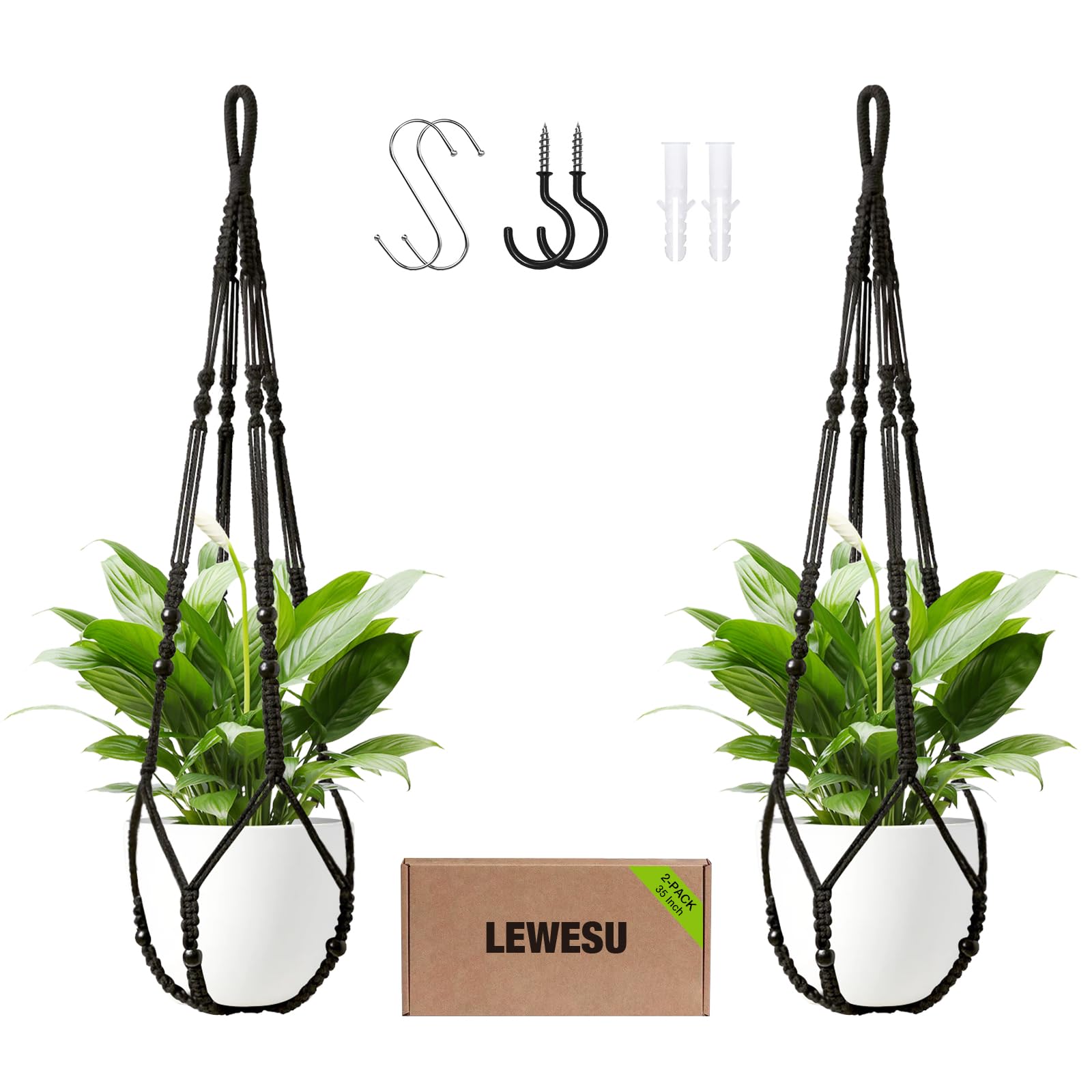 LEWESU Macrame Plant Hanger Indoor Set of 2 with 4 Hooks, Indoor Outdoor Hanging Planter for Plants Holder with Decorative Wood Beads & No Tassels, Boho Home Decor, 35 Inch Black (Pots Not Included)