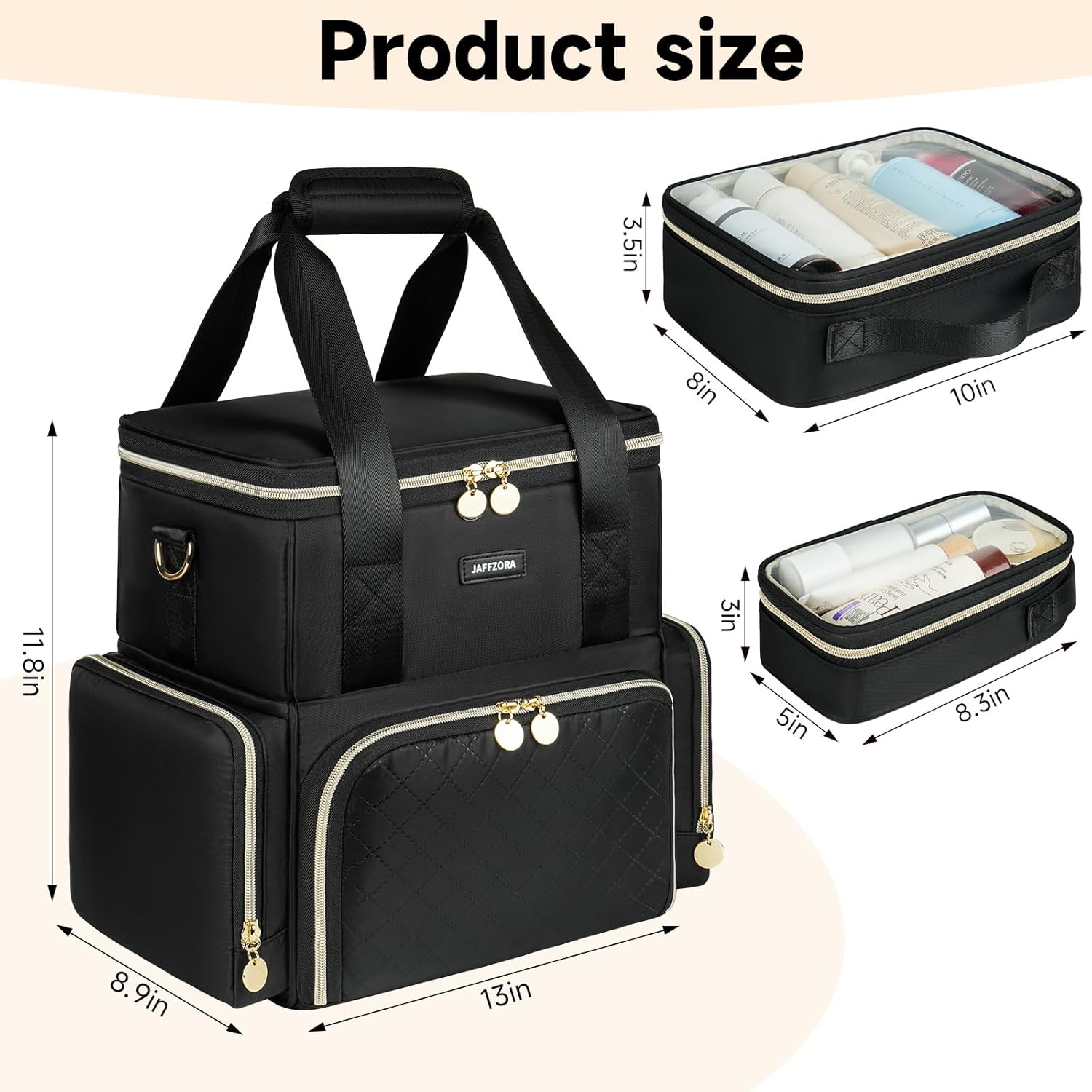 Extra Large Makeup Bag with 3 Removable Cases, Double Layers Travel Cosmetic Storage Organizer Bag with Detachable Dividers, Black - Image 6
