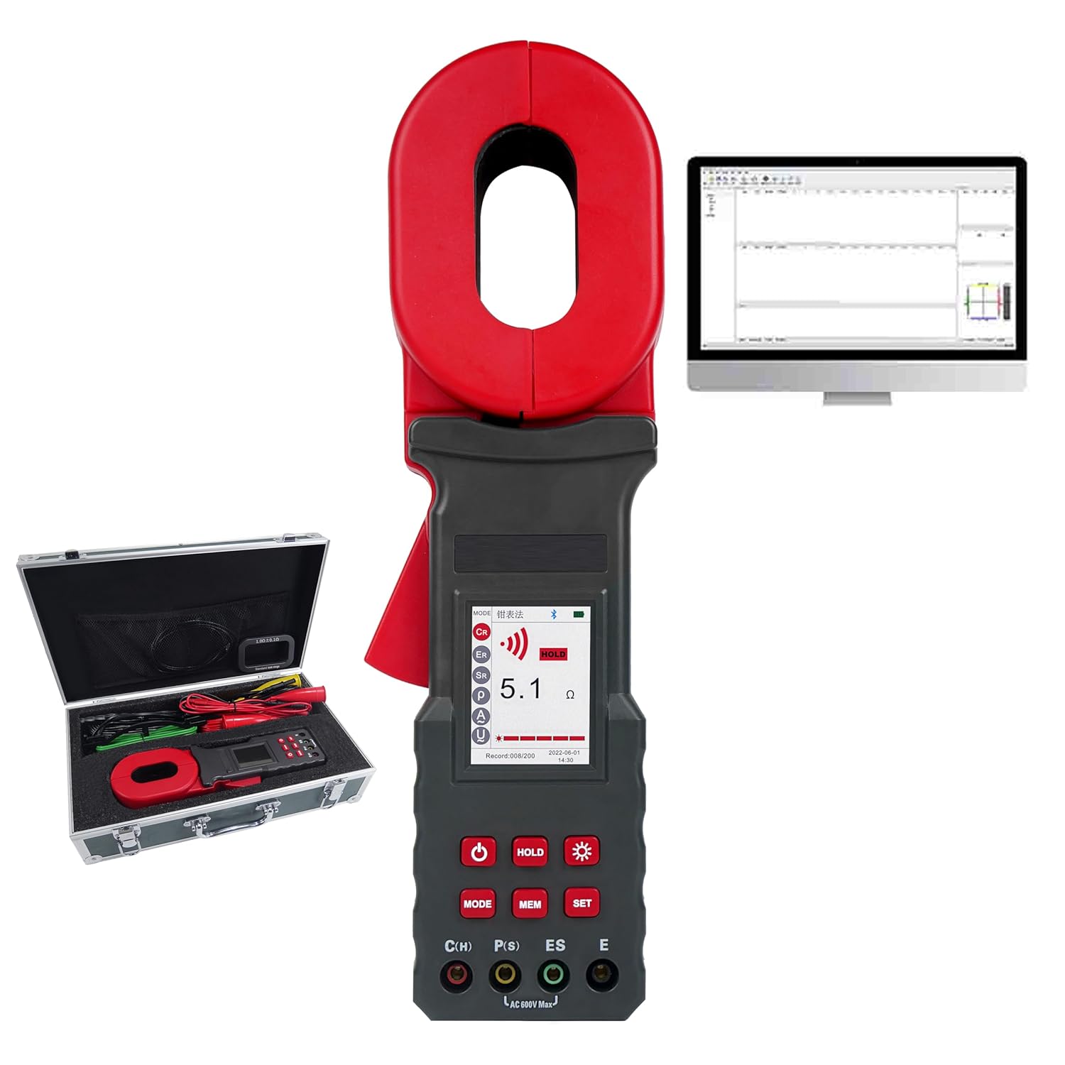 Ground Resistance Meter Soil Resistivity Tester Ground Pile Type Clamp Earth Resistance Tester with Soil Resistivity 0.00Ωm～9999kΩm Resistance 0.00Ω～200.00kΩ Voltage 0.00V～600.0V 2 3 4-Wire