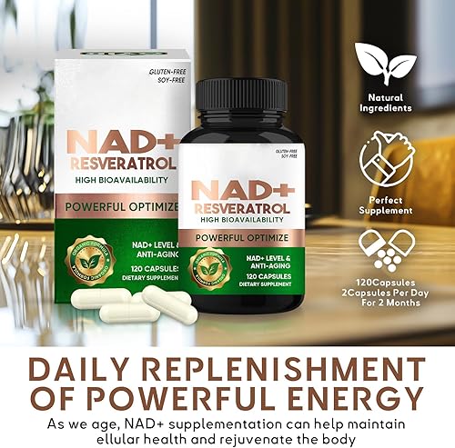 Miniatura 5 de NAD+ Resveratrol Supplement 120 Capsules, Supports Healthy Aging, Cellular Energy, Metabolism & Brain Boost for Men & Women