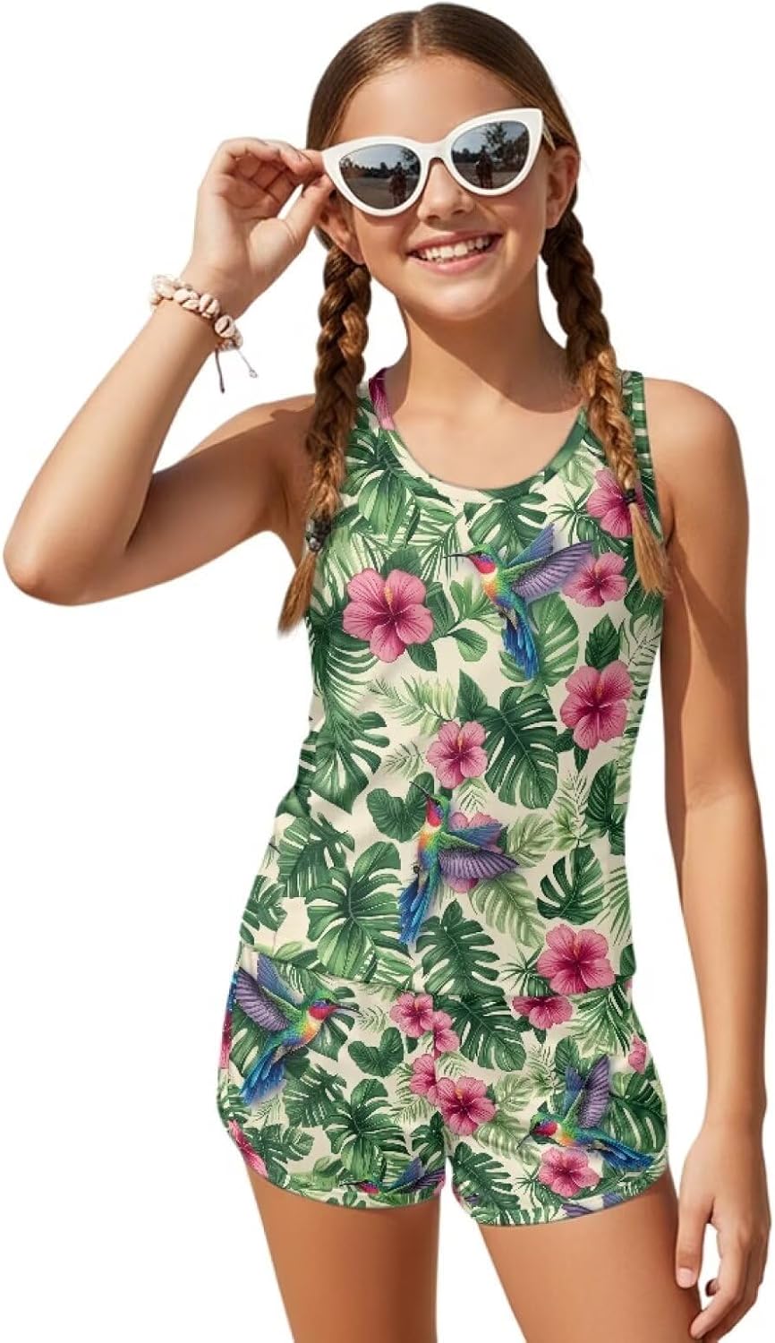 Wanyint Girls Tankini Swimsuit 2 Piece for Ages 6-15 Two Piece Bathing Suits for Kids Preteen Soft Crewneck Top with Shorts