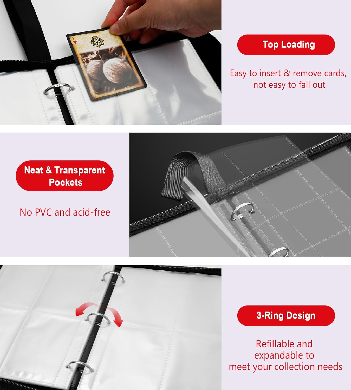Baseball Card Binder 9 Pocket, 1080 Trading Card Binder Album Holder with 60 Removable Sleeves, Waterproof Zipper Sports Binder for Baseball, Collectible Cards
