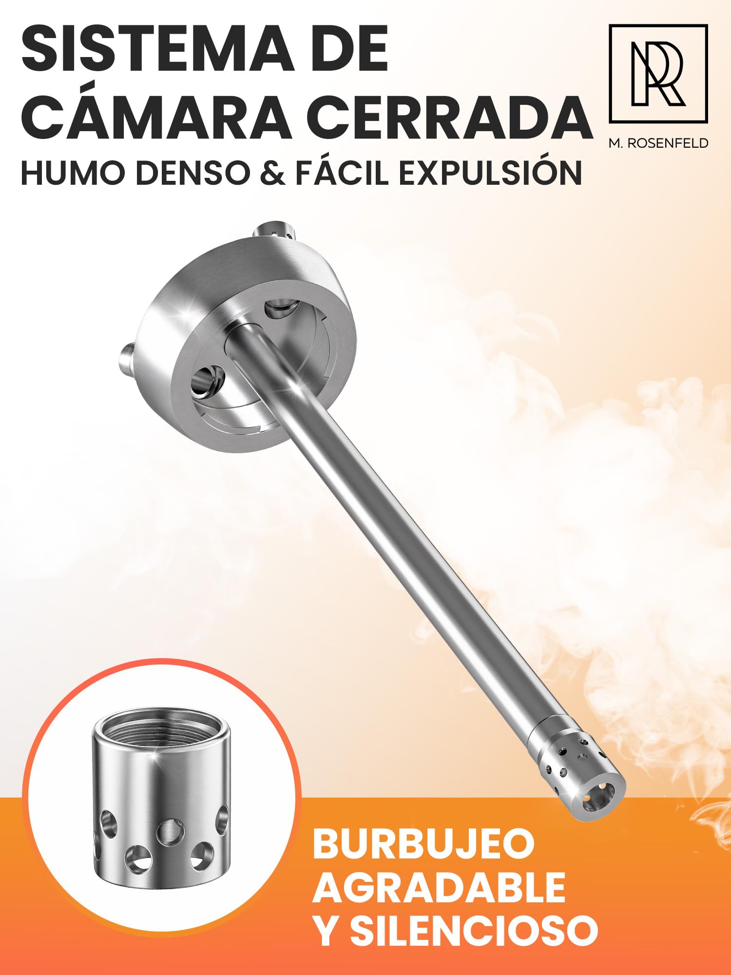 M. ROSENFELD Shisha de Acero Inoxidable V2A | Set Completo con Manguera y Cabezal | Hookah Premium con Cámara Cerrada y 1 Conexión (para 2 Mangueras) (Steel One)