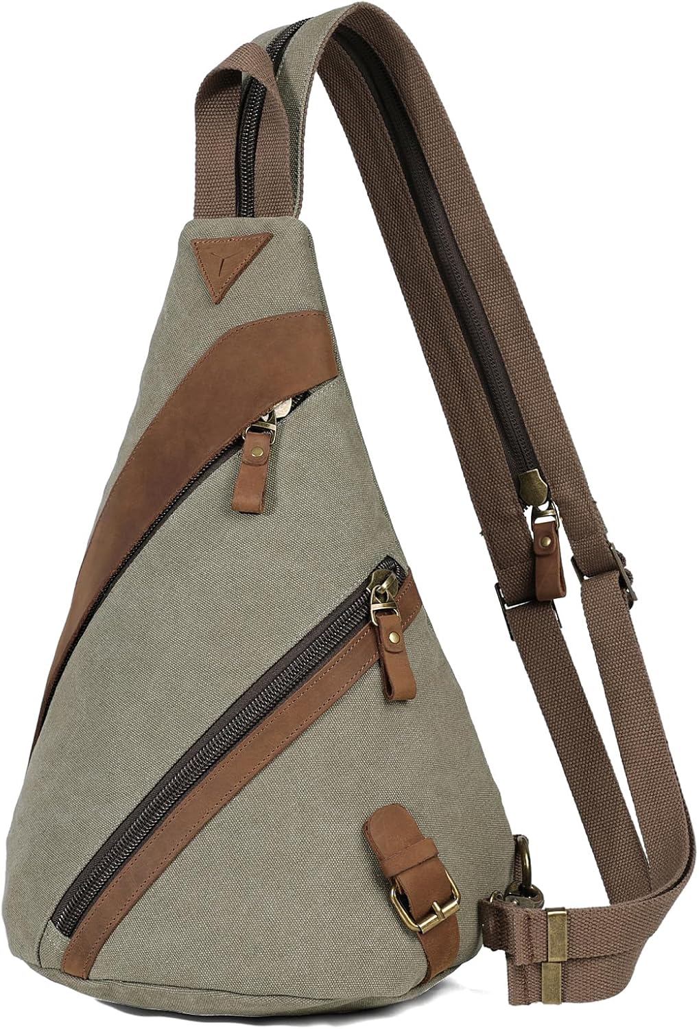 KL928 Canvas Sling Bag for Men Women, Genuine Leather Design Shoulder Crossbody Bags Backpacks Travel Daypack (Olive Green)